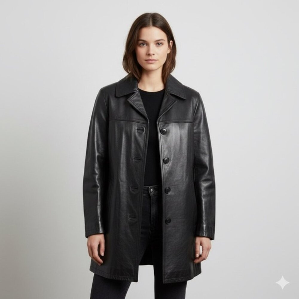 Vintage 90s Y2K Roots Black 100% Leather Straight Cut Mid Length Car Coat - 6